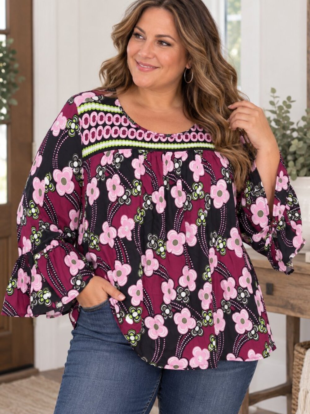 Y2K Burgundy Floral Bell Sleeve Curvy Peasant Blouse Retro Funky Groovy Artsy 2X